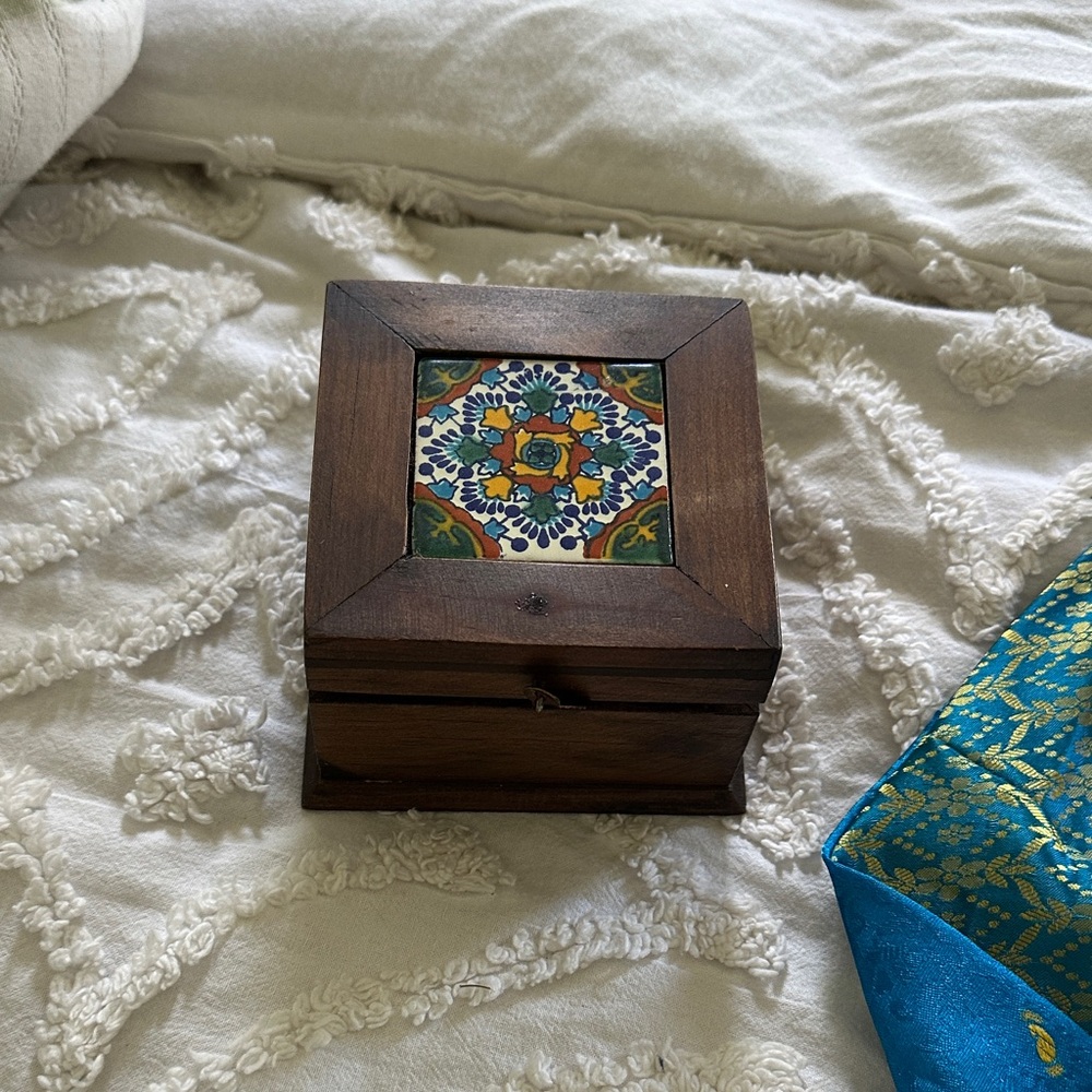 Wooden Trinket Box with Colorful Tile Inlay
